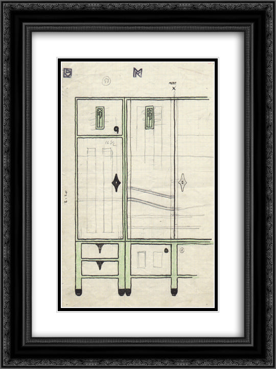 Draft drawings for a cabinet in the headquarters of the Vienna Workshop 18x24 Black Ornate Wood Framed Art Print Poster with Double Matting by Moser, Koloman