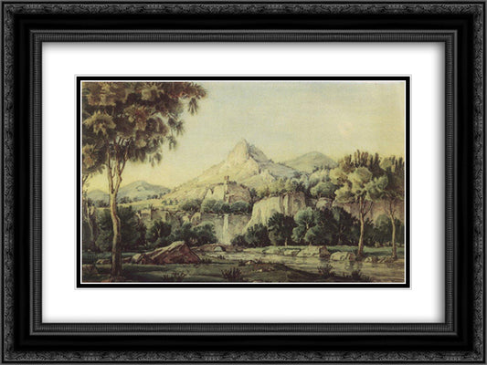 Landscape with waterfall and bridge 24x18 Black Ornate Wood Framed Art Print Poster with Double Matting by Bogaevsky, Konstantin
