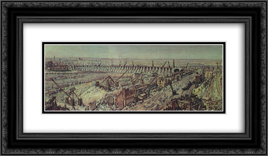 Panorama of construction of Dnieper Hydroelectric Station 24x14 Black Ornate Wood Framed Art Print Poster with Double Matting by Bogaevsky, Konstantin