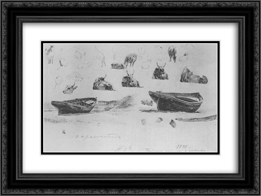 Study of boats and cows 24x18 Black Ornate Wood Framed Art Print Poster with Double Matting by Bogaevsky, Konstantin