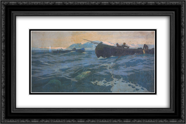 Fishing on Murman Sea 24x16 Black Ornate Wood Framed Art Print Poster with Double Matting by Korovin, Konstantin
