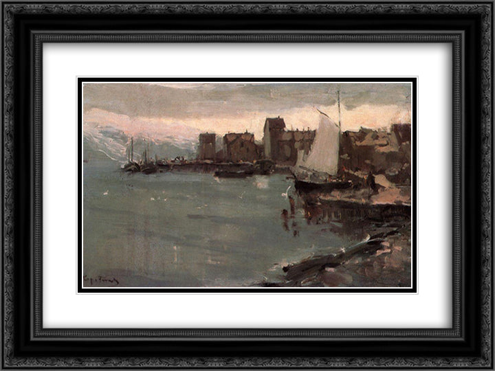 Harbor in Norway 24x18 Black Ornate Wood Framed Art Print Poster with Double Matting by Korovin, Konstantin