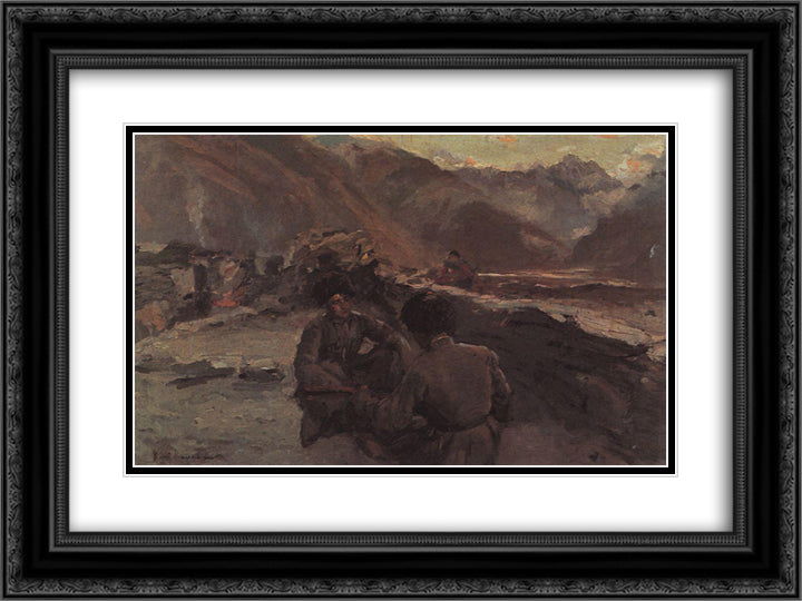 In the Caucasus. Sitting Mountaineers 24x18 Black Ornate Wood Framed Art Print Poster with Double Matting by Korovin, Konstantin
