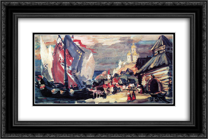 Pier in Novgorod 24x16 Black Ornate Wood Framed Art Print Poster with Double Matting by Korovin, Konstantin