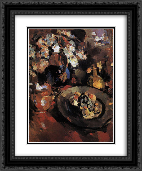 Still Life with Fruit and Bottle 20x24 Black Ornate Wood Framed Art Print Poster with Double Matting by Korovin, Konstantin