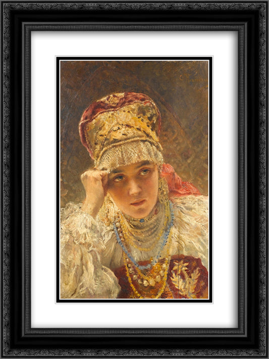 A Young Boyarynia 18x24 Black Ornate Wood Framed Art Print Poster with Double Matting by Makovsky, Konstantin