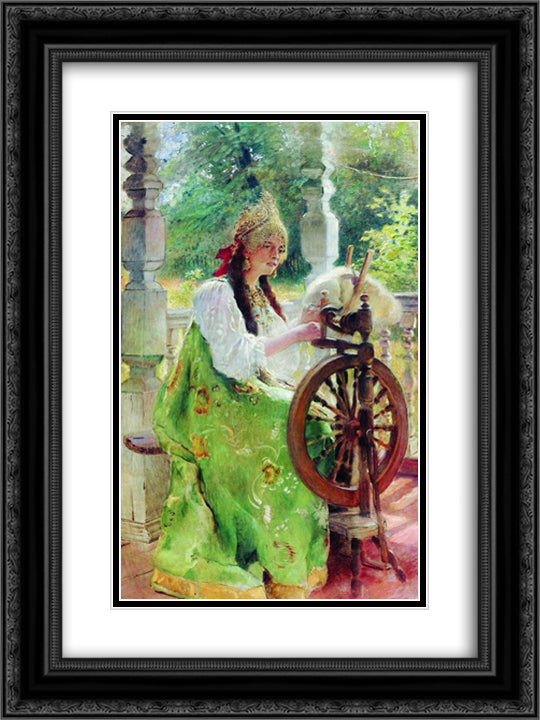 At the Spinning-Wheel 18x24 Black Ornate Wood Framed Art Print Poster with Double Matting by Makovsky, Konstantin