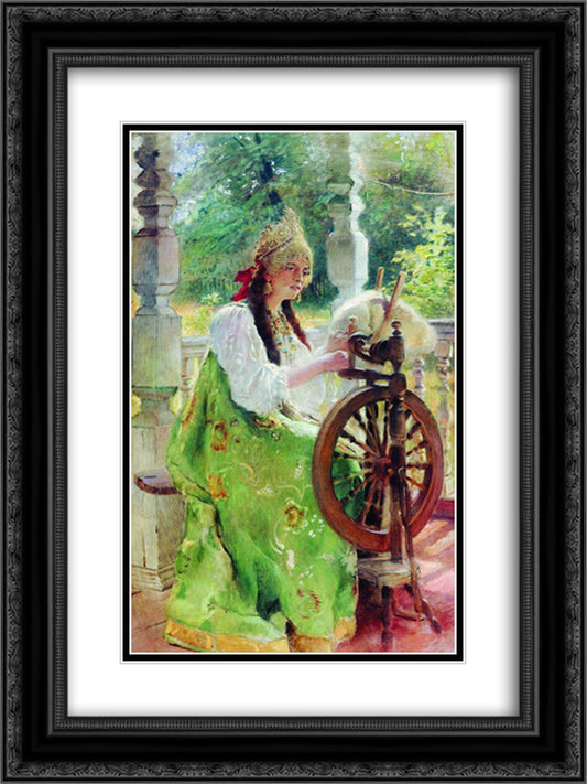 At the Spinning-Wheel 18x24 Black Ornate Wood Framed Art Print Poster with Double Matting by Makovsky, Konstantin