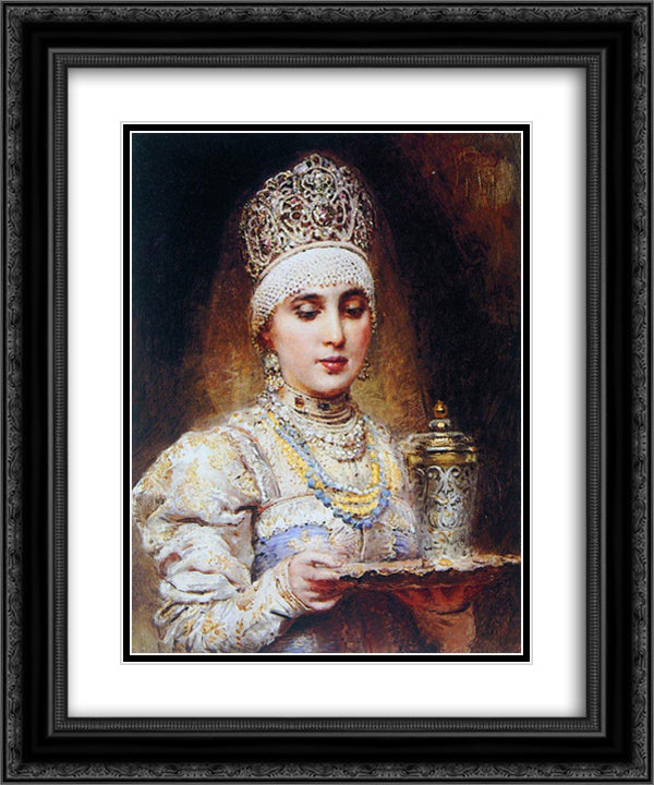 Boyaryshnya with a Tray 20x24 Black Ornate Wood Framed Art Print Poster with Double Matting by Makovsky, Konstantin