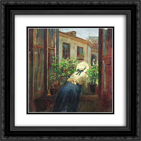 By the open window 20x20 Black Ornate Wood Framed Art Print Poster with Double Matting by Makovsky, Konstantin