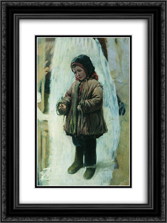 Child on the Snow 18x24 Black Ornate Wood Framed Art Print Poster with Double Matting by Makovsky, Konstantin