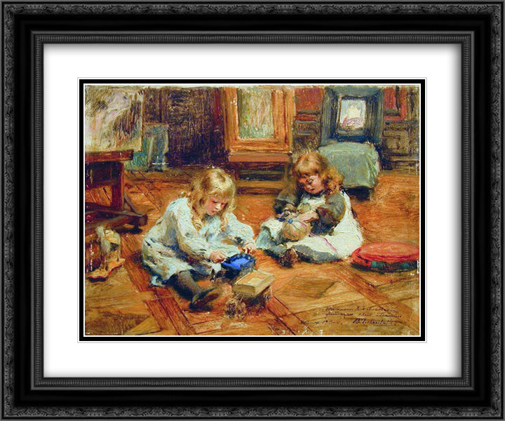 Children playing in the Workshop 24x20 Black Ornate Wood Framed Art Print Poster with Double Matting by Makovsky, Konstantin