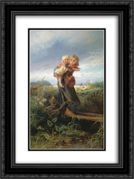 Children running from the Storm 18x24 Black Ornate Wood Framed Art Print Poster with Double Matting by Makovsky, Konstantin