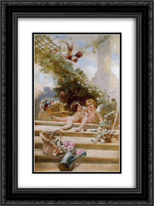 Cupid Gardeners 18x24 Black Ornate Wood Framed Art Print Poster with Double Matting by Makovsky, Konstantin