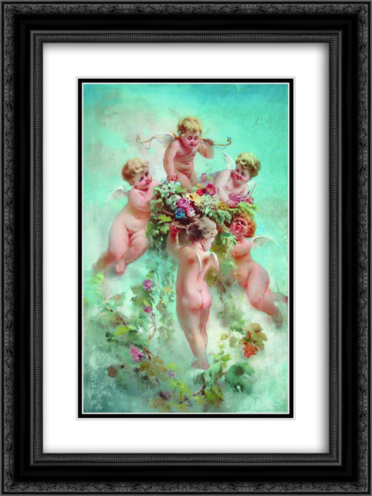 Cupids with Flowers 18x24 Black Ornate Wood Framed Art Print Poster with Double Matting by Makovsky, Konstantin