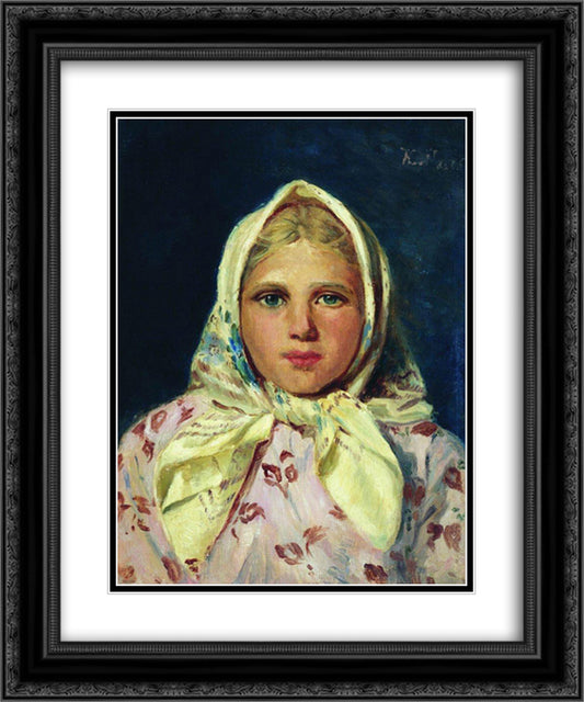 Girl in a Kerchief (Portrait of the Girl) 20x24 Black Ornate Wood Framed Art Print Poster with Double Matting by Makovsky, Konstantin