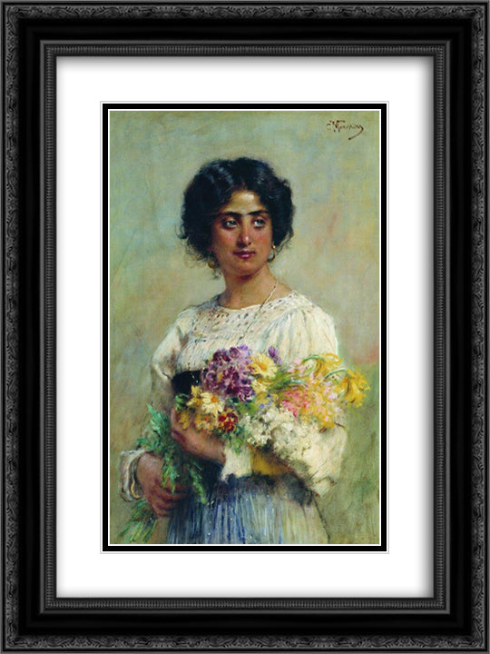 Girl with a bouquet 18x24 Black Ornate Wood Framed Art Print Poster with Double Matting by Makovsky, Konstantin