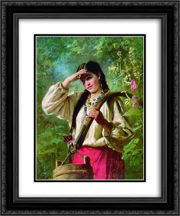 Girl with a yoke 20x24 Black Ornate Wood Framed Art Print Poster with Double Matting by Makovsky, Konstantin