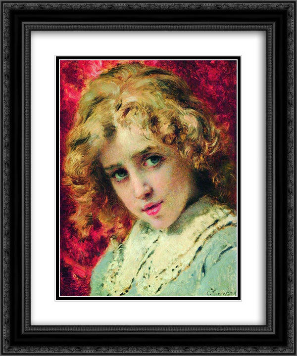 Head of Child (Portrait of the Son Konstantin) 20x24 Black Ornate Wood Framed Art Print Poster with Double Matting by Makovsky, Konstantin