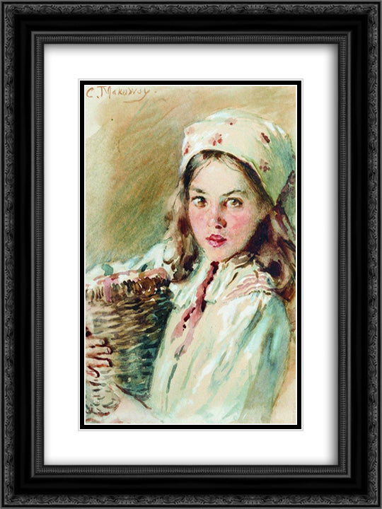 Head of the Girl in a Kerchief 18x24 Black Ornate Wood Framed Art Print Poster with Double Matting by Makovsky, Konstantin