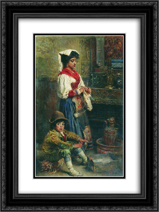 Models waiting for Artist (basking Italians) 18x24 Black Ornate Wood Framed Art Print Poster with Double Matting by Makovsky, Konstantin
