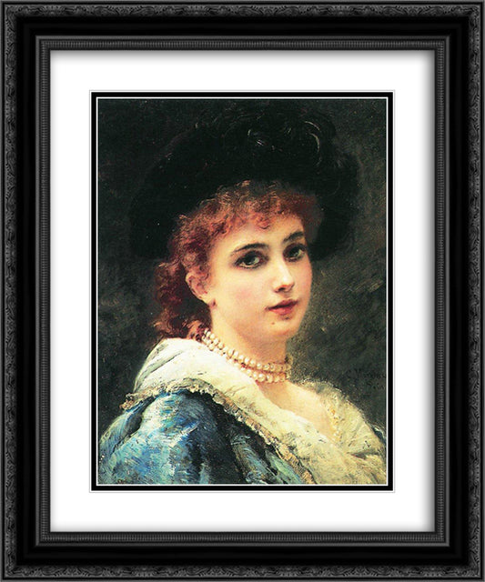 Parisienne in pearl necklace 20x24 Black Ornate Wood Framed Art Print Poster with Double Matting by Makovsky, Konstantin