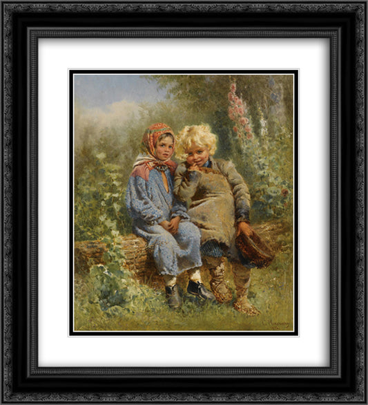 Peasant Children at rest 20x22 Black Ornate Wood Framed Art Print Poster with Double Matting by Makovsky, Konstantin