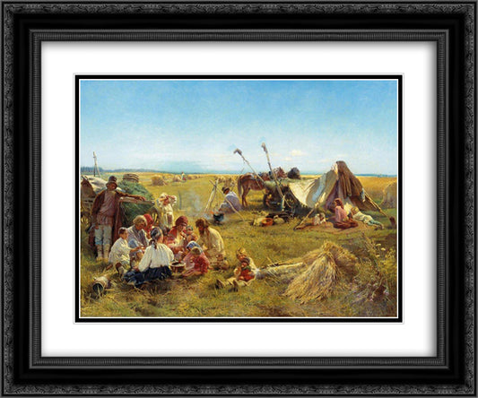 Peasant Dinner during Harvesting 24x20 Black Ornate Wood Framed Art Print Poster with Double Matting by Makovsky, Konstantin