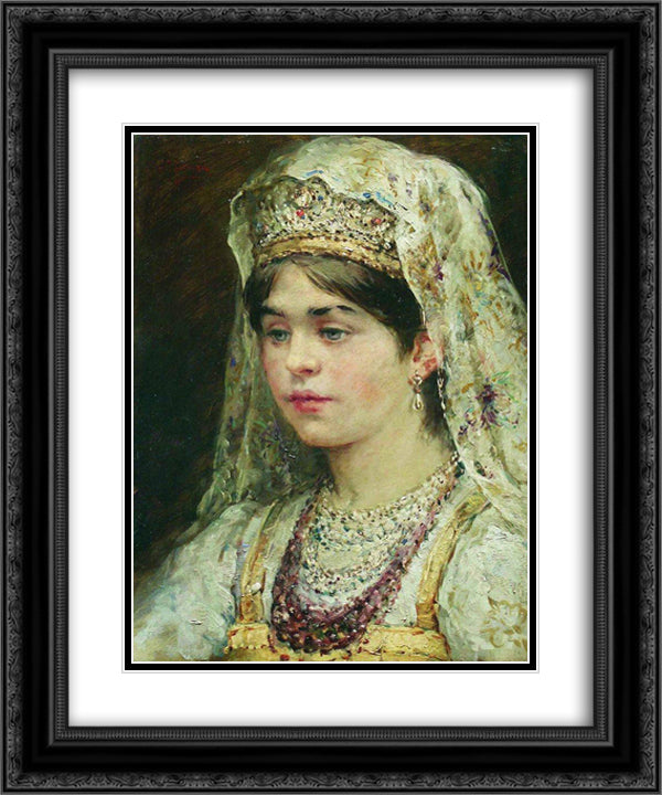 Portrait of the Girl in a Russian Dress 20x24 Black Ornate Wood Framed Art Print Poster with Double Matting by Makovsky, Konstantin