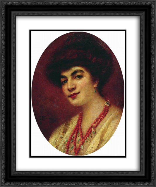 Portrait of the Woman with Coral Beads 20x24 Black Ornate Wood Framed Art Print Poster with Double Matting by Makovsky, Konstantin
