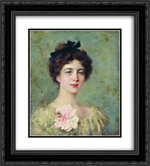 Portrait of the Young Lady with Pink Bow 20x22 Black Ornate Wood Framed Art Print Poster with Double Matting by Makovsky, Konstantin
