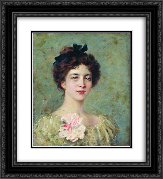 Portrait of the Young Lady with Pink Bow 20x22 Black Ornate Wood Framed Art Print Poster with Double Matting by Makovsky, Konstantin