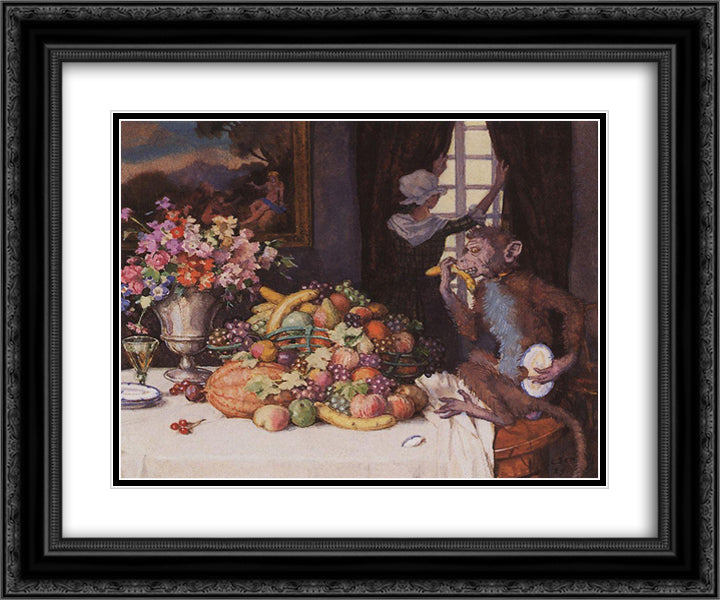 A Greedy Monkey 24x20 Black Ornate Wood Framed Art Print Poster with Double Matting by Somov, Konstantin
