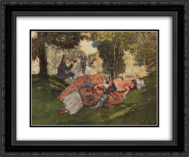 Asleep on the Grass Young Woman 24x20 Black Ornate Wood Framed Art Print Poster with Double Matting by Somov, Konstantin