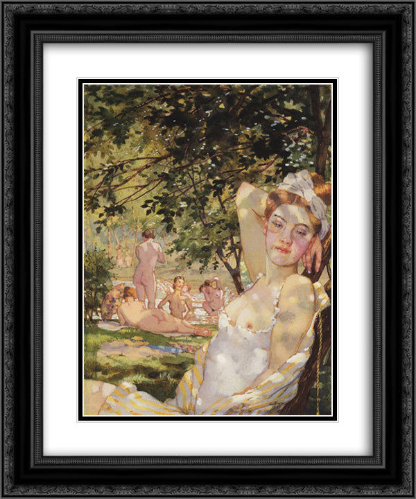 Bathings in the Sun 20x24 Black Ornate Wood Framed Art Print Poster with Double Matting by Somov, Konstantin