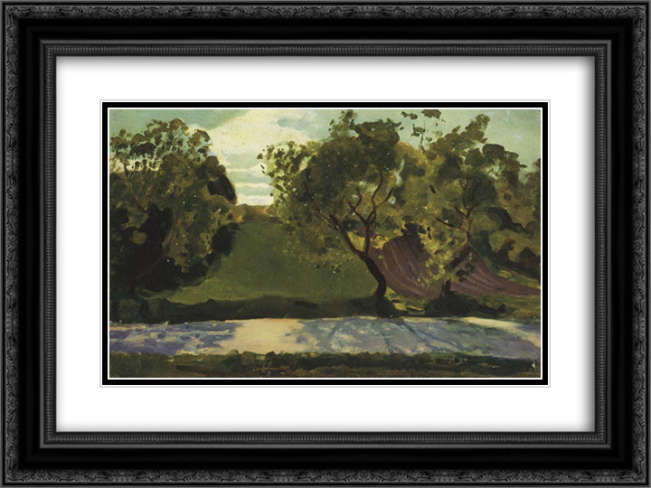 Green Slope on the Road. Martyshkino 24x18 Black Ornate Wood Framed Art Print Poster with Double Matting by Somov, Konstantin