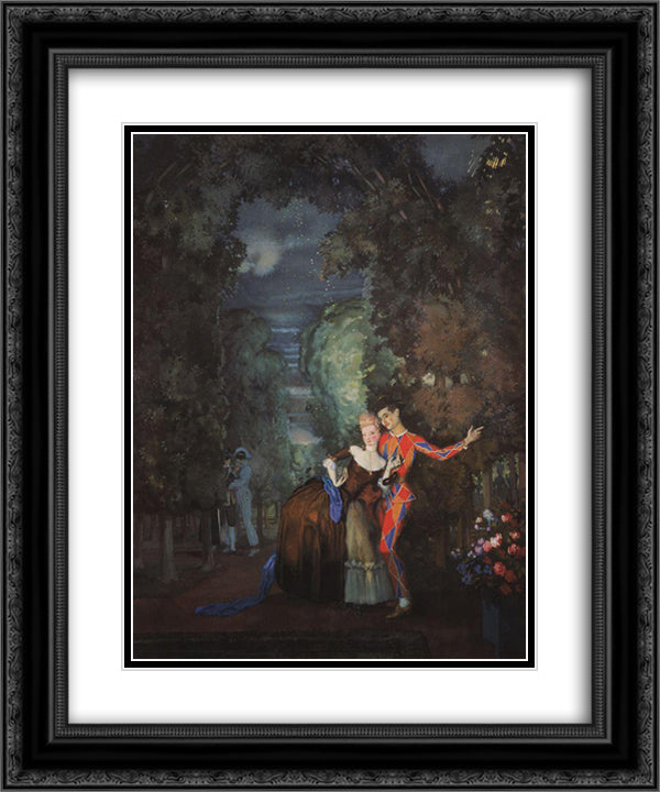 Lady and Harlequin 20x24 Black Ornate Wood Framed Art Print Poster with Double Matting by Somov, Konstantin