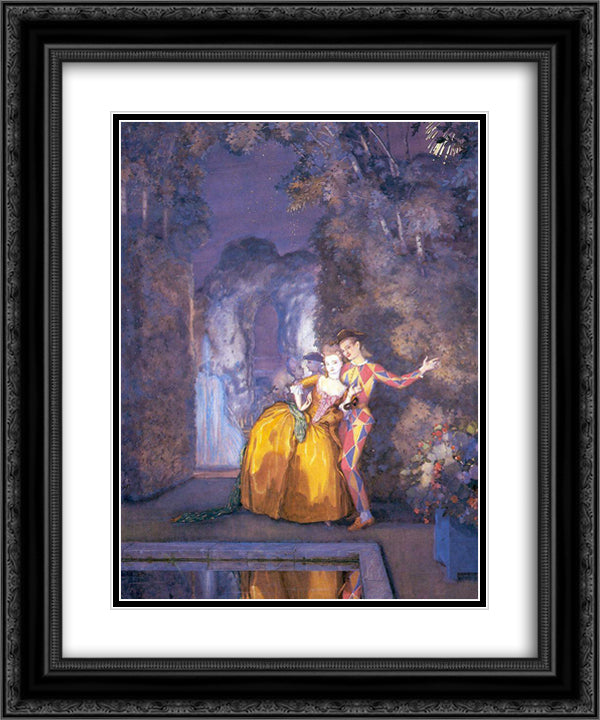 Lady and Harlequin (Fireworks ) 20x24 Black Ornate Wood Framed Art Print Poster with Double Matting by Somov, Konstantin
