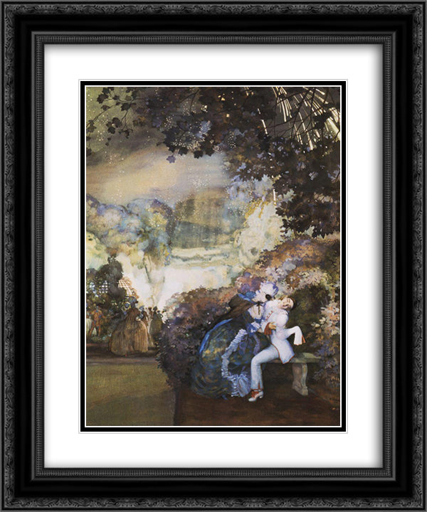 Lady and Pierrot 20x24 Black Ornate Wood Framed Art Print Poster with Double Matting by Somov, Konstantin