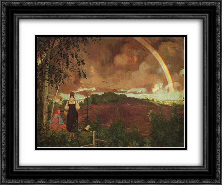 Landscape with Two Peasant Girls and a Rainbow 24x20 Black Ornate Wood Framed Art Print Poster with Double Matting by Somov, Konstantin