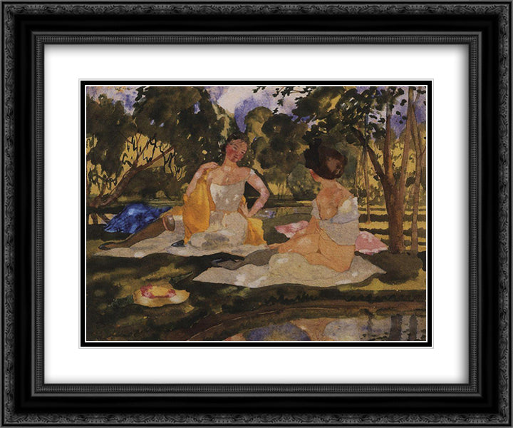 On the Grass 24x20 Black Ornate Wood Framed Art Print Poster with Double Matting by Somov, Konstantin
