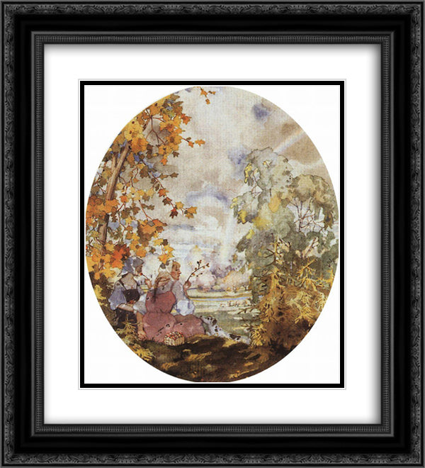 Pastoral Scene with Two Girls 20x22 Black Ornate Wood Framed Art Print Poster with Double Matting by Somov, Konstantin