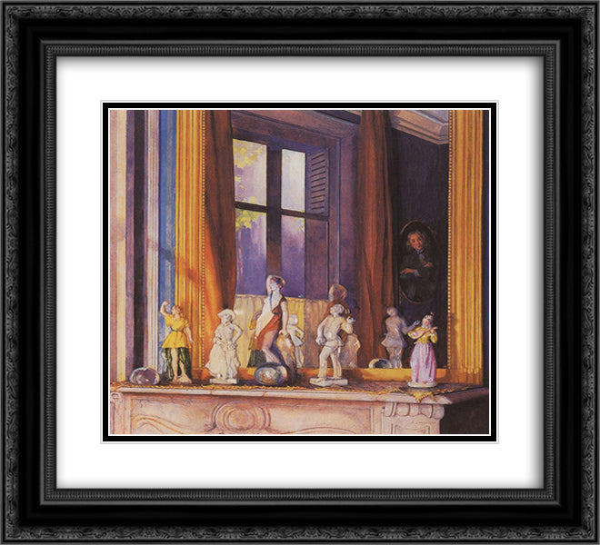 Porcelain Figurines on a Stone Shelf 22x20 Black Ornate Wood Framed Art Print Poster with Double Matting by Somov, Konstantin