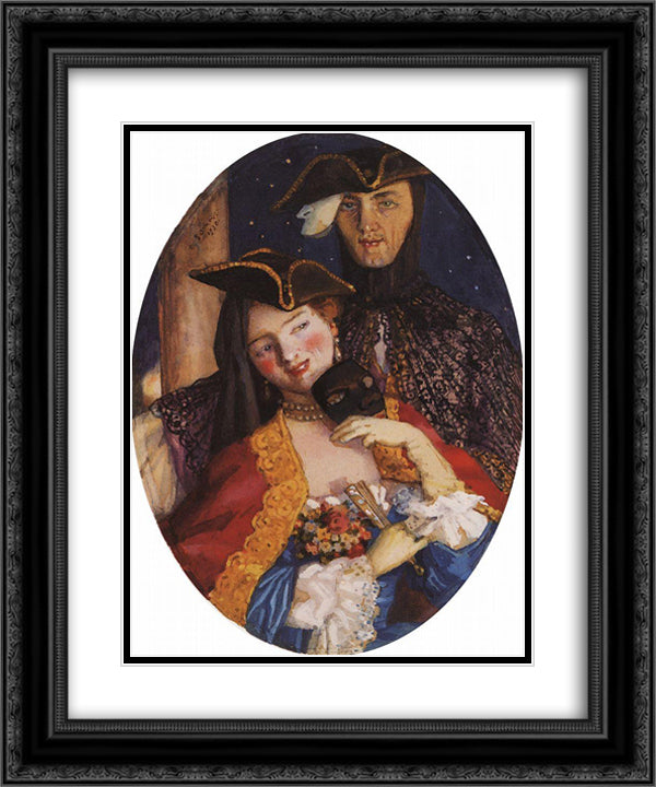 Two Masks (Pair on the Eve of the Carnival) 20x24 Black Ornate Wood Framed Art Print Poster with Double Matting by Somov, Konstantin