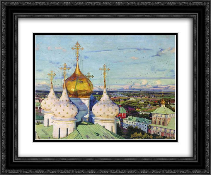 Domes and swallows. Assumption Cathedral of the Trinity Sergius Lavra 24x20 Black Ornate Wood Framed Art Print Poster with Double Matting by Yuon, Konstantin