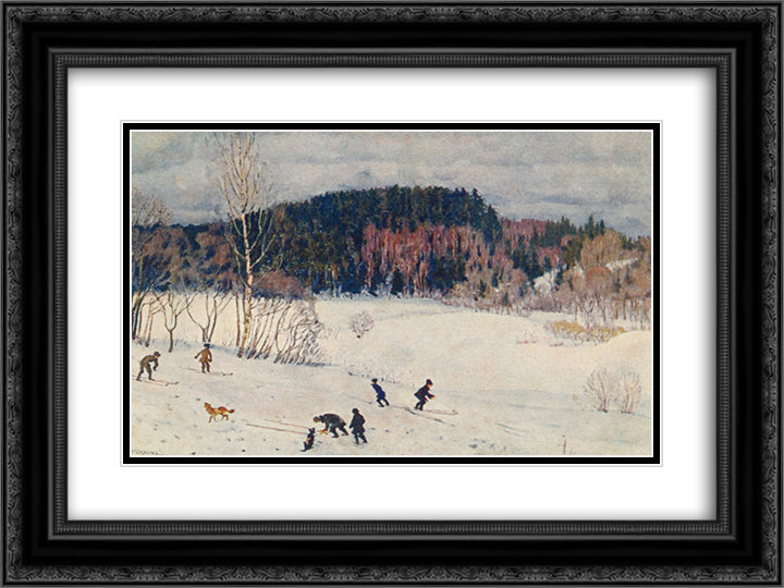 Landscape with Skiers 24x18 Black Ornate Wood Framed Art Print Poster with Double Matting by Yuon, Konstantin
