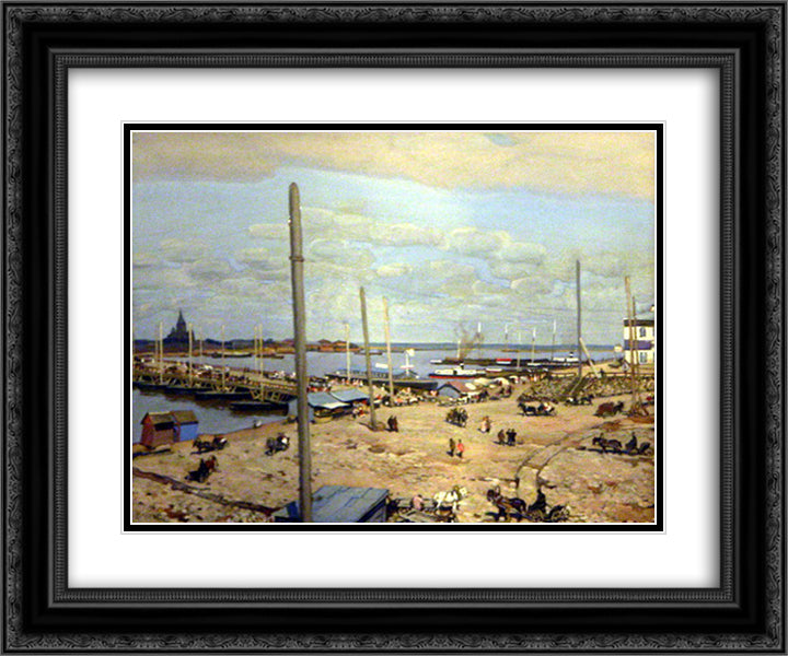 The bridge across the Oka River in Nizhny Novgorod 24x20 Black Ornate Wood Framed Art Print Poster with Double Matting by Yuon, Konstantin
