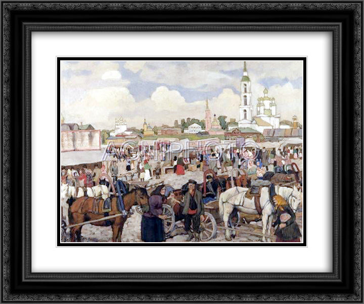 The Market in Uglich 24x20 Black Ornate Wood Framed Art Print Poster with Double Matting by Yuon, Konstantin