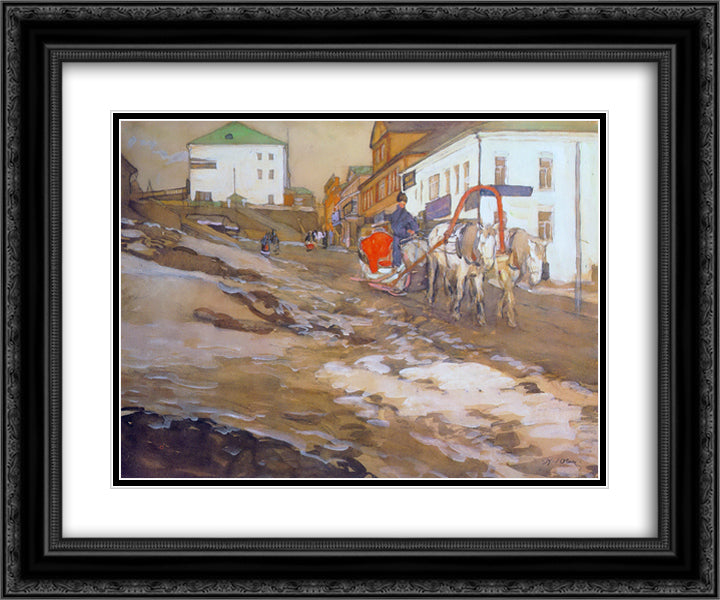 The Red Sled. The Troitse - Sergiyev Tenements 24x20 Black Ornate Wood Framed Art Print Poster with Double Matting by Yuon, Konstantin