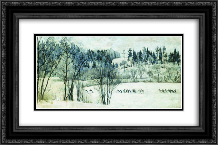 The Ski Excursion 24x16 Black Ornate Wood Framed Art Print Poster with Double Matting by Yuon, Konstantin